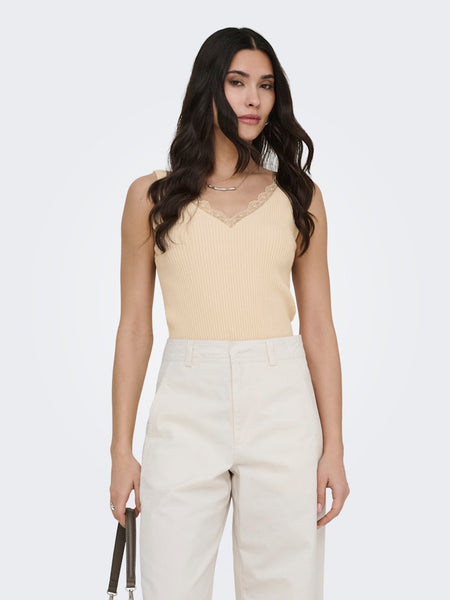 JDY Lace Detail Rib Tank Top in Beige