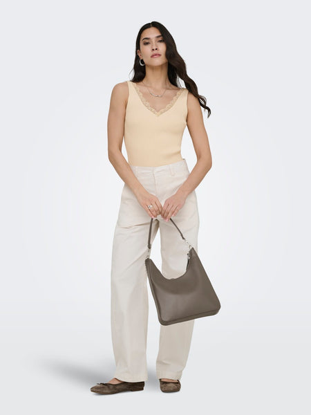 JDY Lace Detail Rib Tank Top in Beige