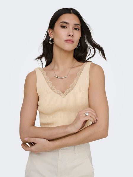 JDY Lace Detail Rib Tank Top in Beige