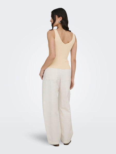 JDY Lace Detail Rib Tank Top in Beige