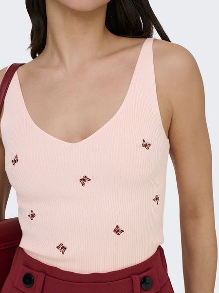 JDY Embroidered Butterfly Rib Tank Top in Pink