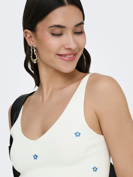 JDY Embroidered Flower Rib Tank Top in White