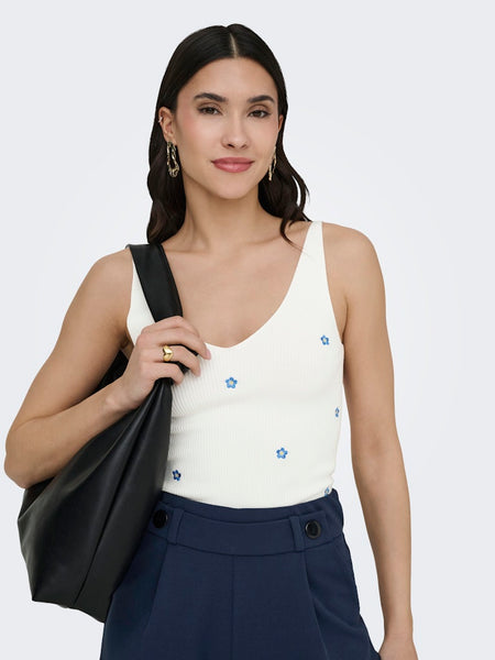JDY Embroidered Flower Rib Tank Top in White
