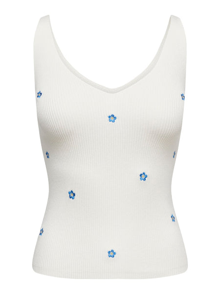 JDY Embroidered Flower Rib Tank Top in White