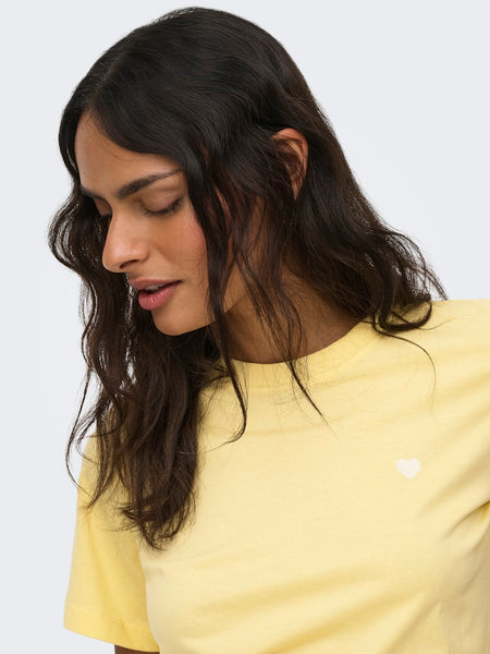 JDY Embroidered Heart T-Shirt in Yellow