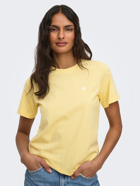 JDY Embroidered Heart T-Shirt in Yellow