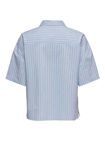 JDY Striped Short Sleeve Boxy Shirt in Blue