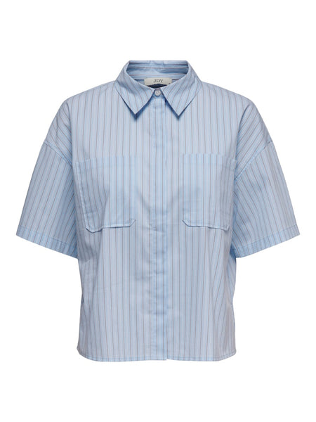 JDY Striped Short Sleeve Boxy Shirt in Blue