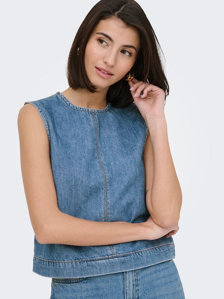 JDY Sleeveless Denim Top in Light Blue