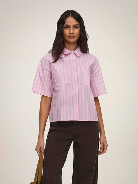 JDY Striped Short Sleeve Boxy Shirt in Pink