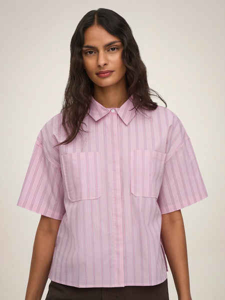 JDY Striped Short Sleeve Boxy Shirt in Pink