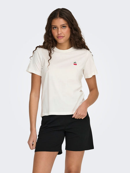 JDY Embroidered Cherry T-Shirt in White