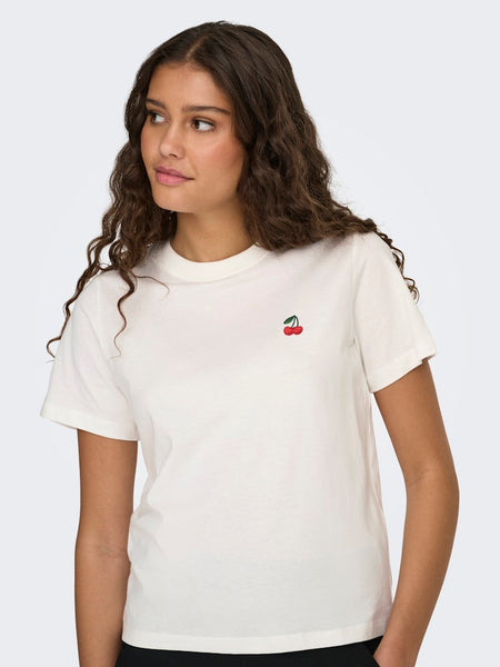 JDY Embroidered Cherry T-Shirt in White