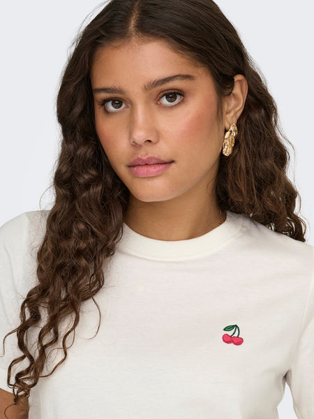 JDY Embroidered Cherry T-Shirt in White