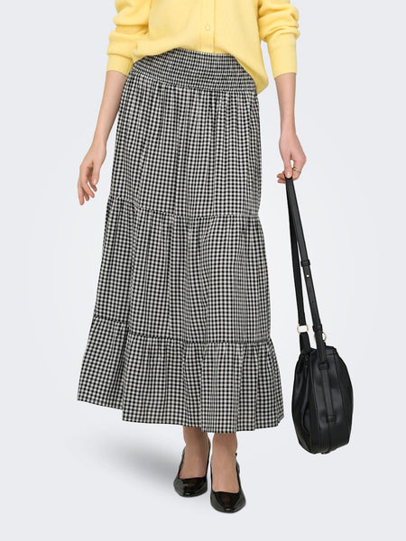 JDY Long Checked Smock Skirt in Black