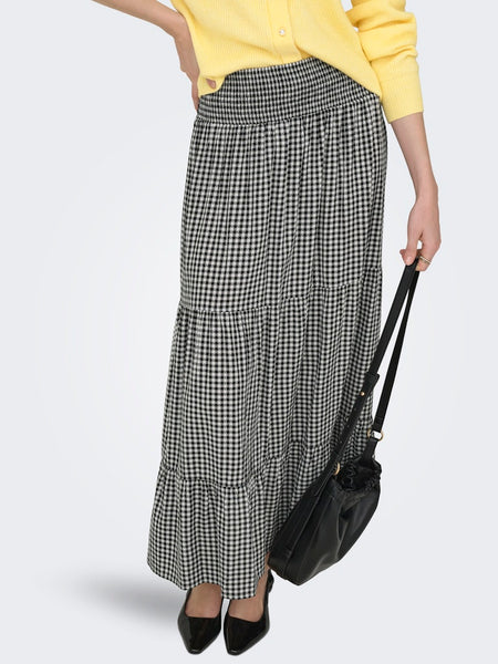 JDY Long Checked Smock Skirt in Black