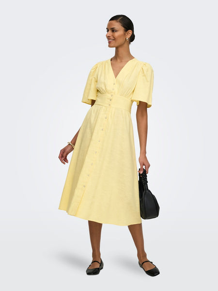 JDY Short Sleeve V-Neck Midi Dress in Yellow