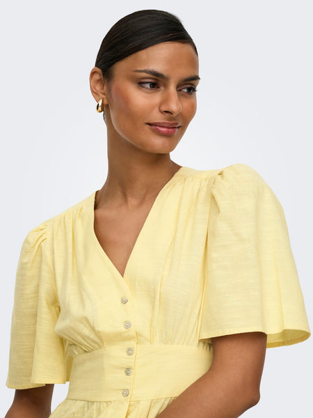 JDY Short Sleeve V-Neck Midi Dress in Yellow