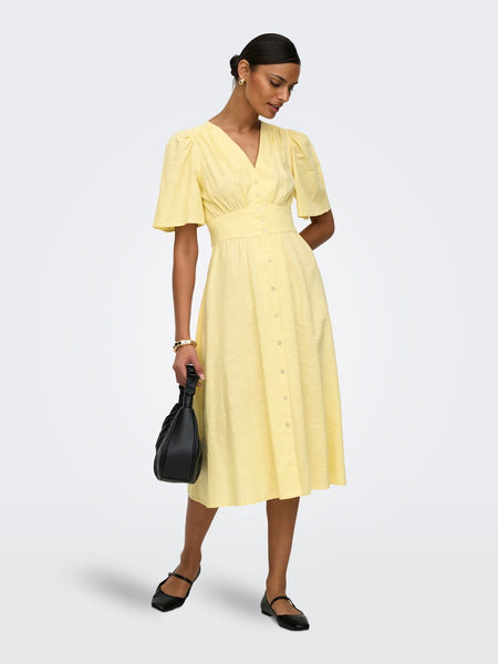 JDY Short Sleeve V-Neck Midi Dress in Yellow
