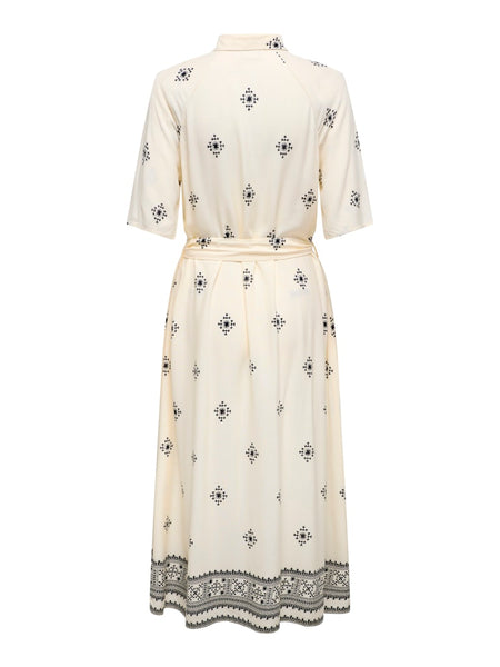 JDY Patterned Short Sleeve Midi Shirt Dress in Cream