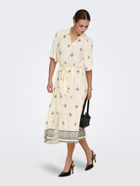 JDY Patterned Short Sleeve Midi Shirt Dress in Cream