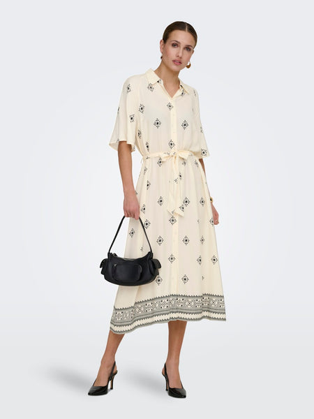 JDY Patterned Short Sleeve Midi Shirt Dress in Cream