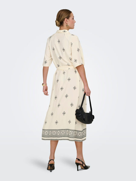 JDY Patterned Short Sleeve Midi Shirt Dress in Cream