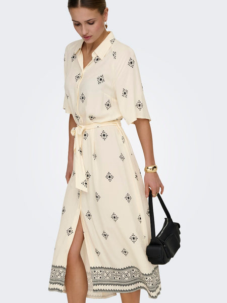 JDY Patterned Short Sleeve Midi Shirt Dress in Cream