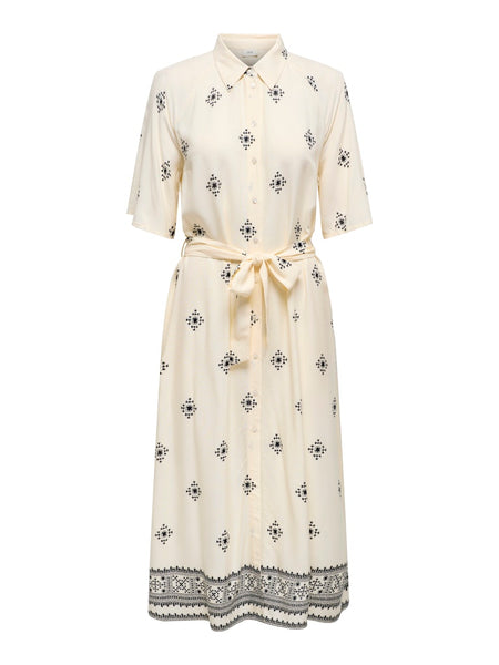 JDY Patterned Short Sleeve Midi Shirt Dress in Cream