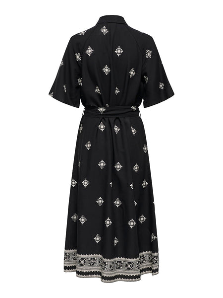 JDY Patterned Short Sleeve Midi Shirt Dress in Black