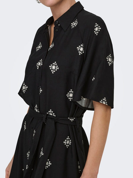 JDY Patterned Short Sleeve Midi Shirt Dress in Black