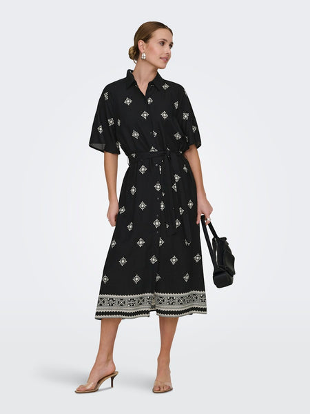 JDY Patterned Short Sleeve Midi Shirt Dress in Black