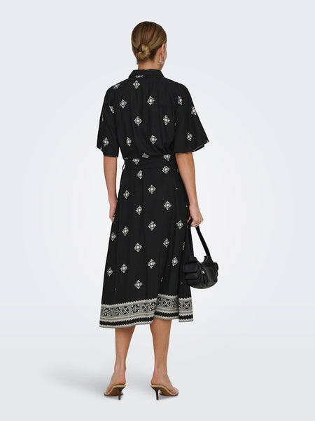 JDY Patterned Short Sleeve Midi Shirt Dress in Black