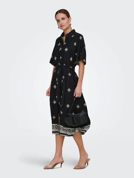JDY Patterned Short Sleeve Midi Shirt Dress in Black