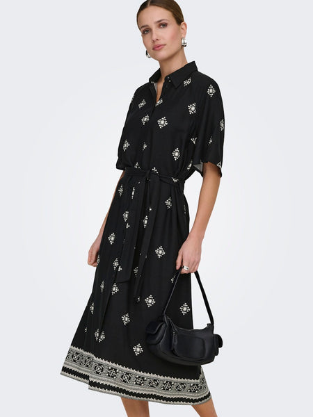 JDY Patterned Short Sleeve Midi Shirt Dress in Black