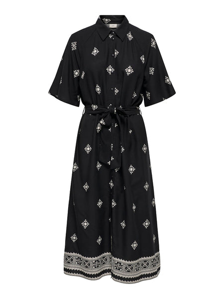 JDY Patterned Short Sleeve Midi Shirt Dress in Black