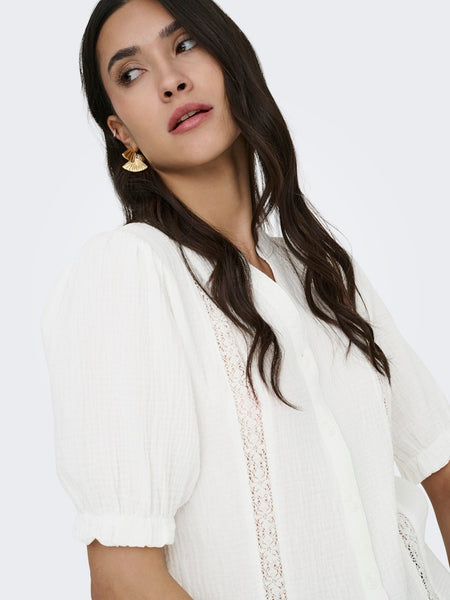 JDY Lace Detail 2/4 Sleeve Cotton Shirt in White