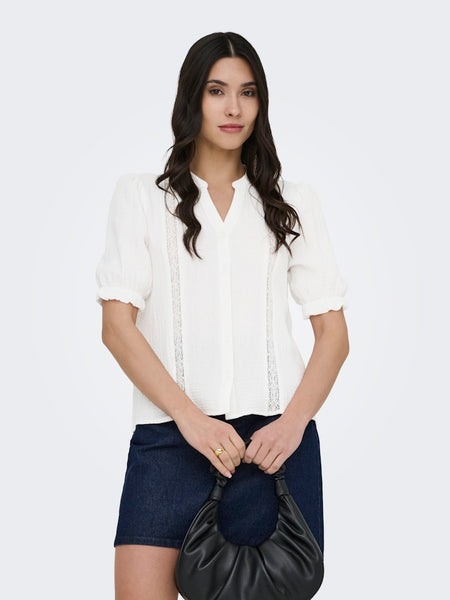 JDY Lace Detail 2/4 Sleeve Cotton Shirt in White