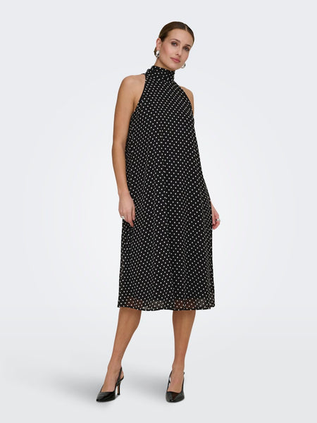 JDY Sleeveless Halterneck Polka-Dot Midi Dress in Black