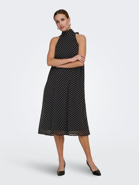 JDY Sleeveless Halterneck Polka-Dot Midi Dress in Black