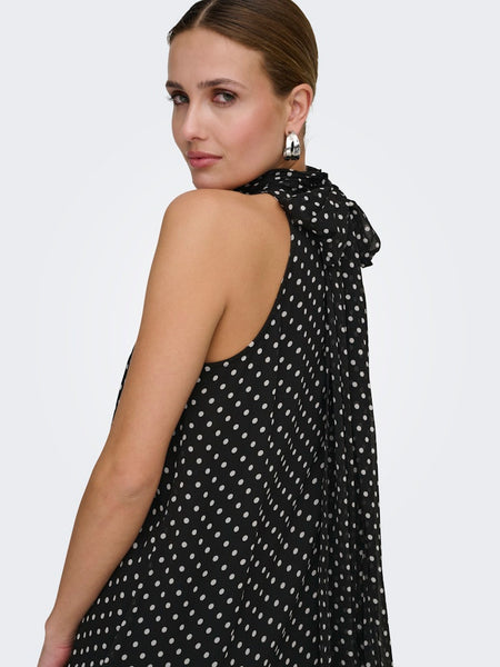 JDY Sleeveless Halterneck Polka-Dot Midi Dress in Black