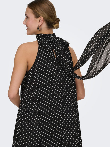 JDY Sleeveless Halterneck Polka-Dot Midi Dress in Black
