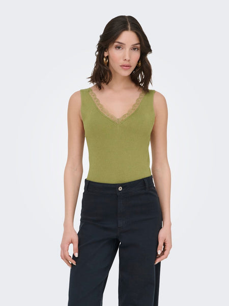 JDY Lace Detail Rib Tank Top in Green