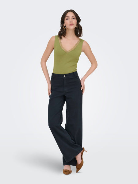 JDY Lace Detail Rib Tank Top in Green