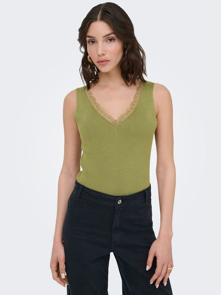 JDY Lace Detail Rib Tank Top in Green