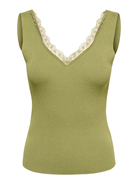 JDY Lace Detail Rib Tank Top in Green