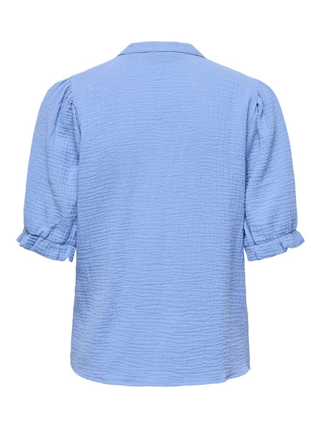 JDY Lace Detail 2/4 Sleeve Cotton Shirt in Blue