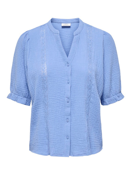 JDY Lace Detail 2/4 Sleeve Cotton Shirt in Blue