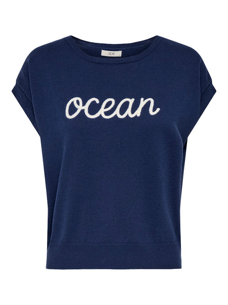 JDY Sleeveless Embroidered "Ocean" Knit Top in Blue