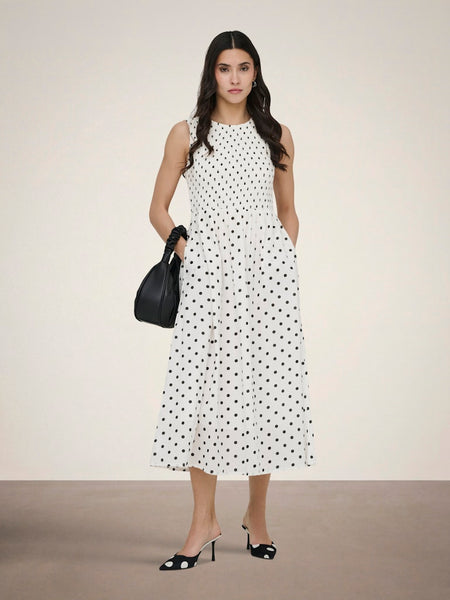 JDY Sleeveless Polka-Dot Smock Dress in Cream